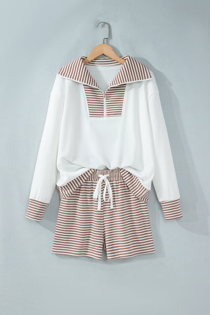Khaki Stripe Color Block Patchwork Long Sleeve Top Drawstring Shorts Set