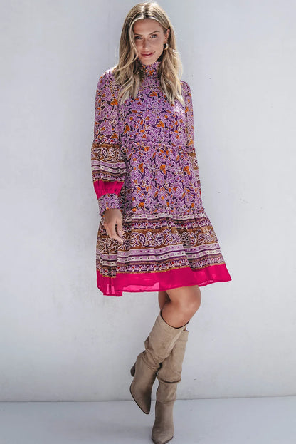 Purple Floral Smocked Puff Sleeve High Neck Mini Dress - Chic Meadow Boutique 