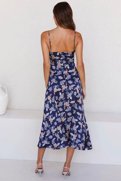 Blue Floral Print Bust Knot Long Dress with Slit - Chic Meadow Boutique 