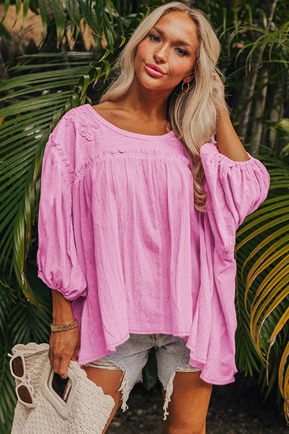 Pink Lace Accent Bracelet Sleeve Babydoll Blouse - Chic Meadow Boutique 