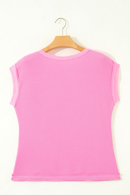 Pink Solid Color Raw Seam Waffled Patchwork Casual T Shirt