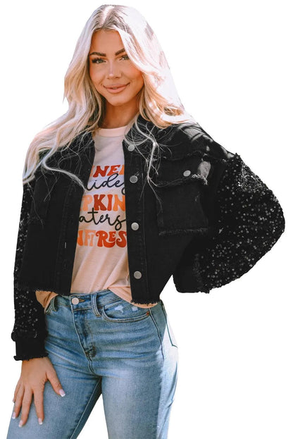 Black Sequin Sleeve Pocketed Raw Hem Denim Jacket - Chic Meadow Boutique 