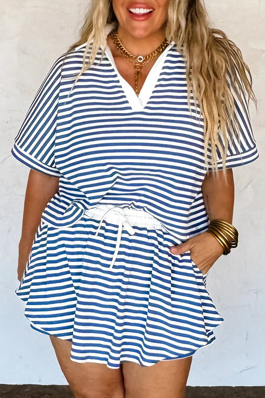 Blue Stripe Short Sleeve Collared V Neck Top Plus Size Skort Set