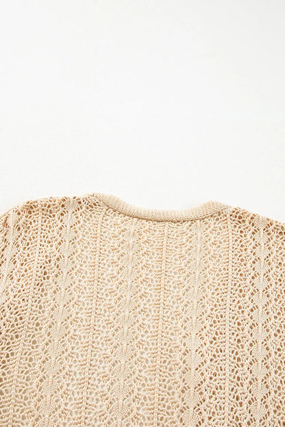 Apricot Hollow Out Knit Drop Shoulder Open Front Cardigan - Chic Meadow Boutique 