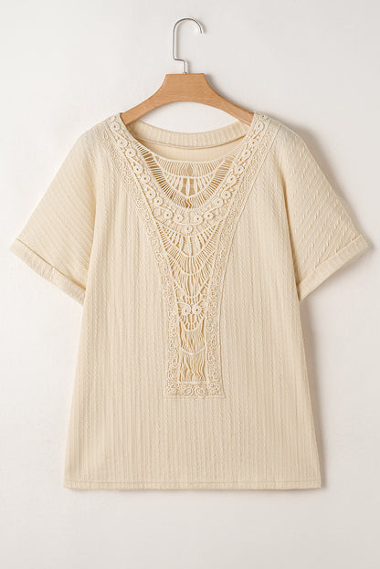 Beige Lace Crochet Patched Cable Textured Cuffed Short Sleeve Plus Size Top