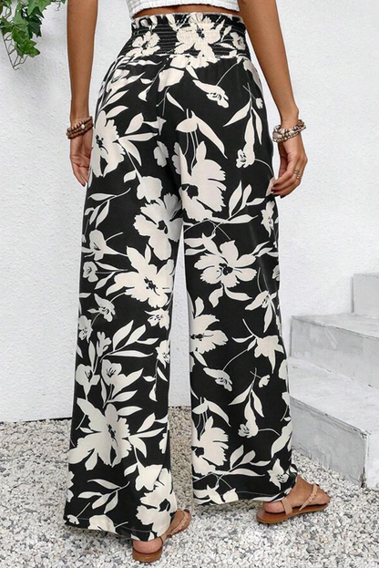 Black Floral Print Smocked High Waist Wide Leg Pants