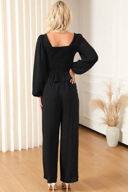 Black Square Neck Smocked Peplum Top and Pants Set - Chic Meadow Boutique 