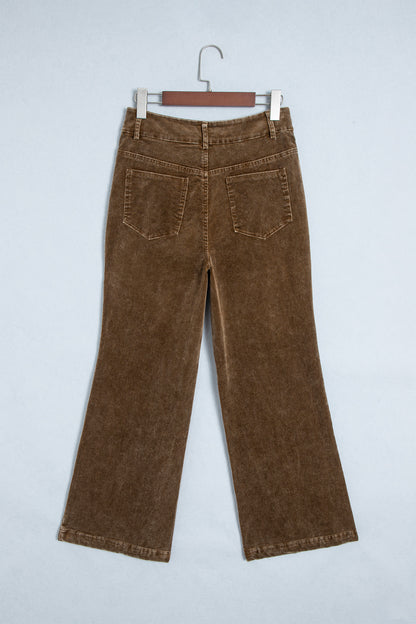 Camel Straight Leg Corduroy Metal Button Zip-up Pants