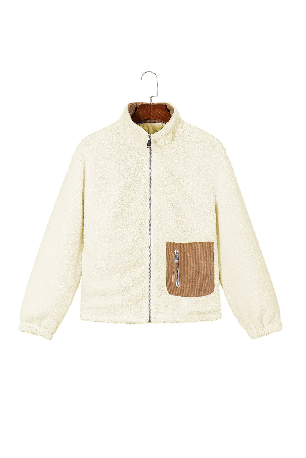 White Contrast Patched Pocket Zipped Sherpa Jacket - Chic Meadow Boutique 