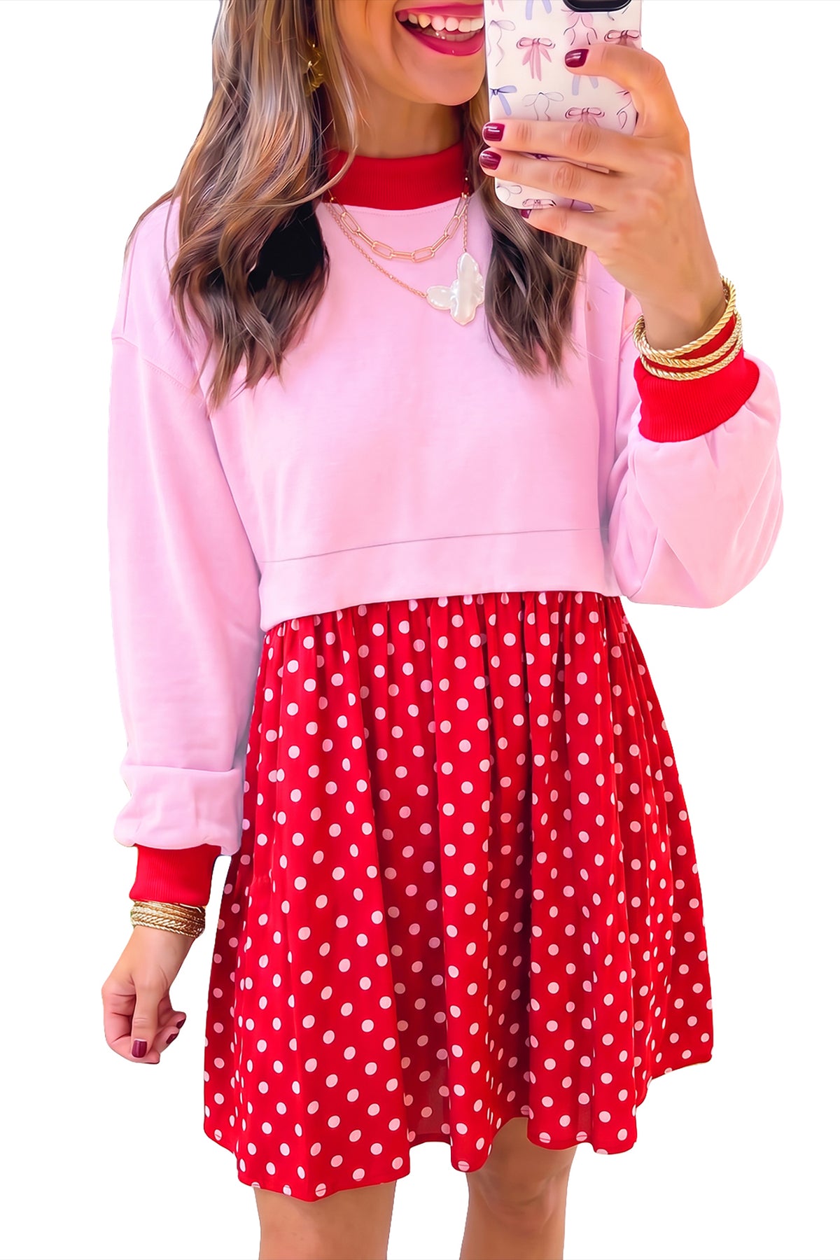 Pink Color Block Long Sleeve Polka Dot Contrast Pleated Mini Dress
