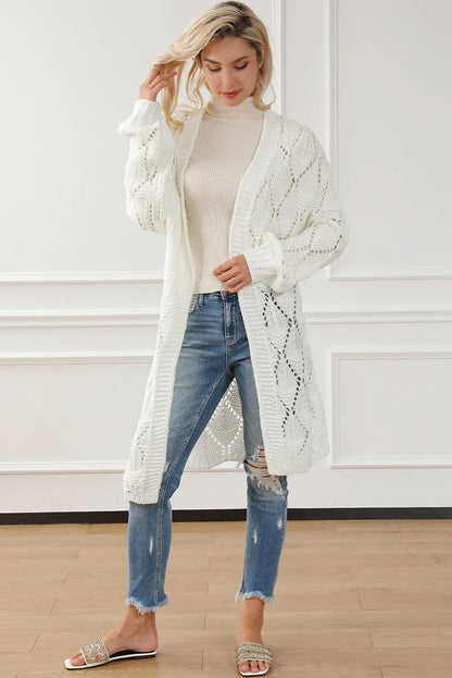 White Rhombus Hollowed Knit Open Front Cardigan - Chic Meadow Boutique 