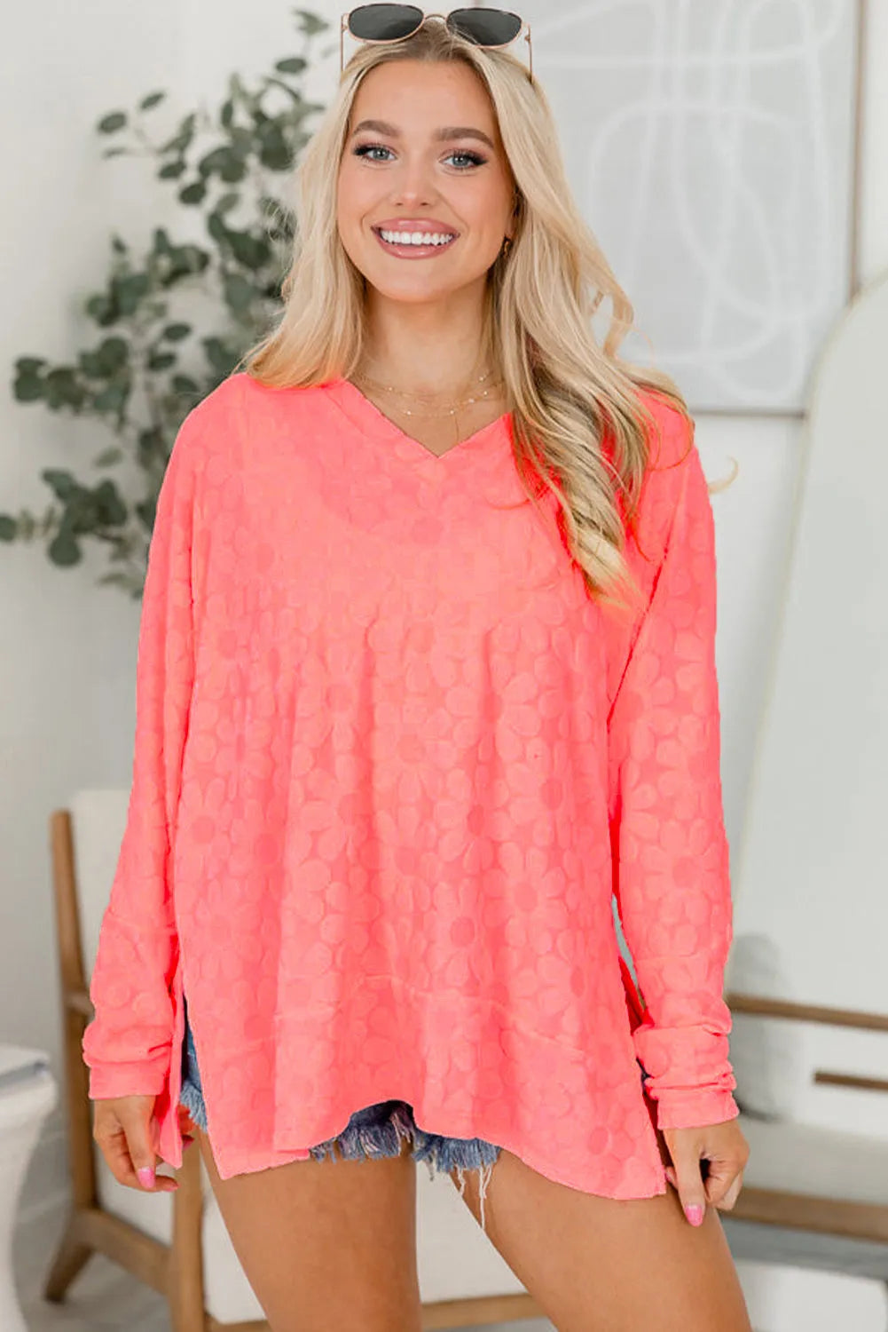 Apricot Pink Oversized Floral Jacquard V Neck Long Sleeve Top - Chic Meadow Boutique 