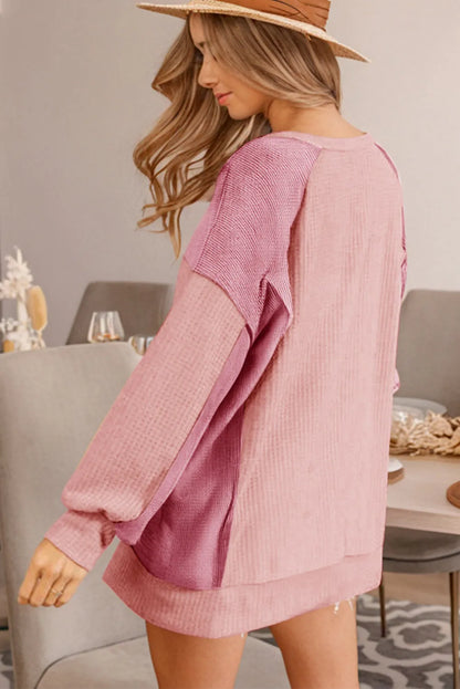 Apricot Pink Color Block Waffle High Low Raglan Sleeve Sweatshirt - Chic Meadow Boutique 