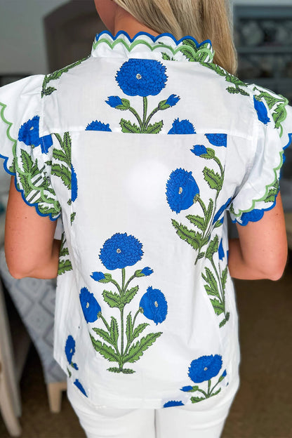 Blue Wild Flower Print Contrast Trim Scallop Detail Short Sleeve Blouse
