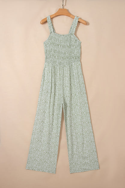Green Smocked Bodice Square Neck Sleeveless Floral Jumpsuit