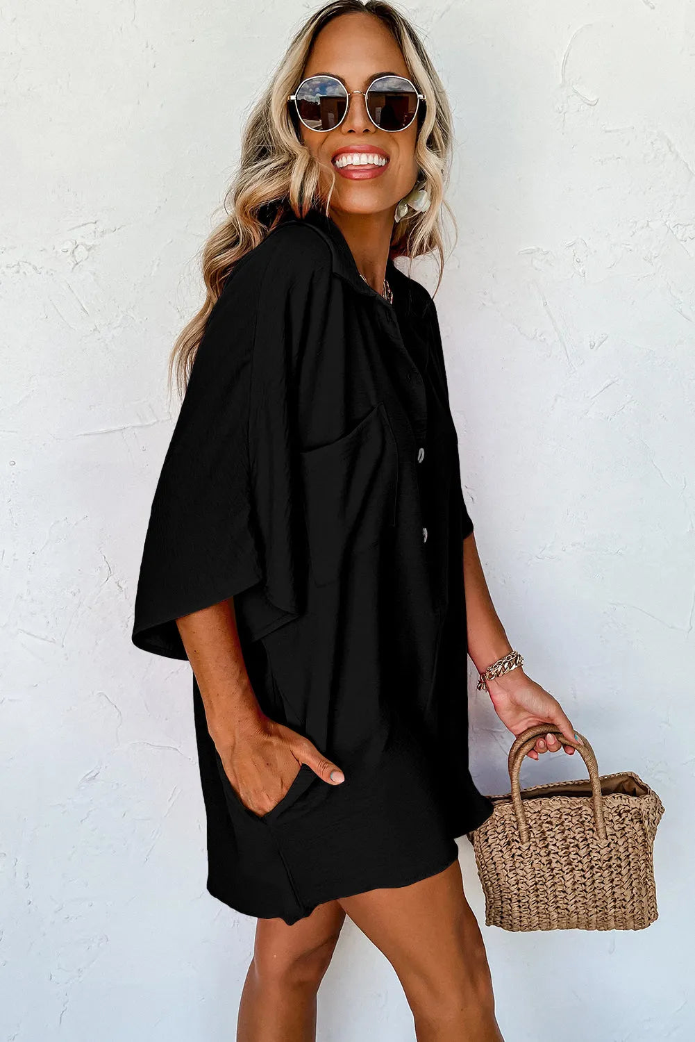 Black Half Button Collared Loose Romper - Chic Meadow Boutique 