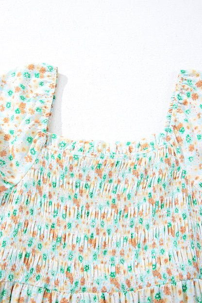 Green Floral Short Bubble Sleeve Shirred High Waist Maxi Dress