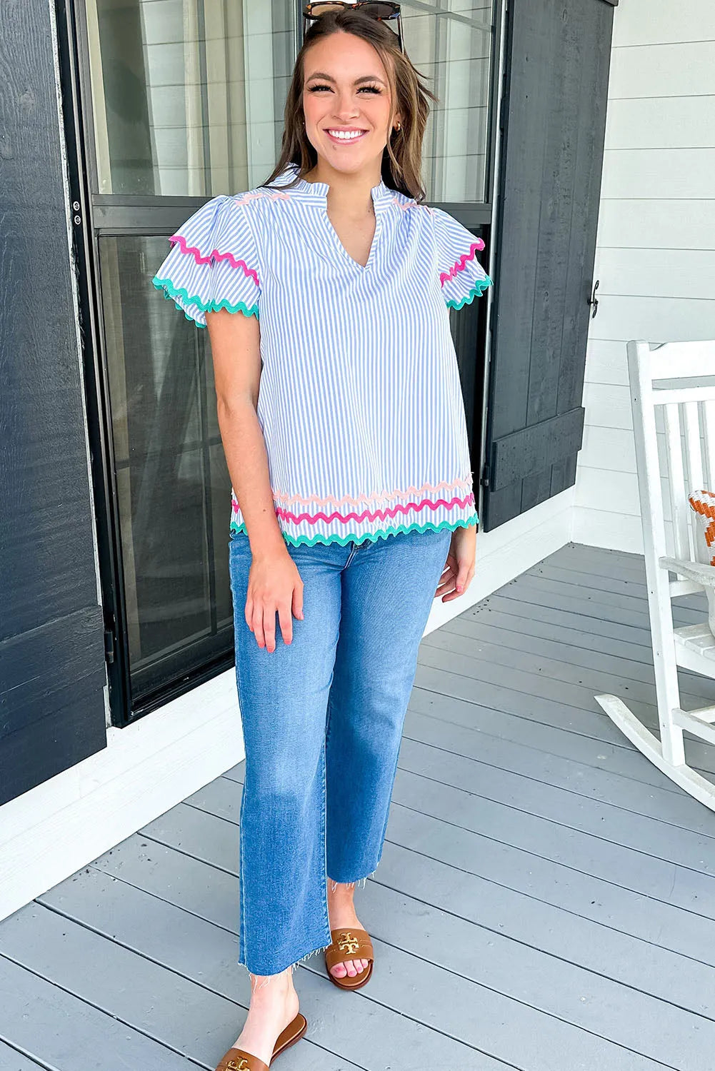 Sky Blue Stripe Ricrac Trim Split Neck Striped Ruffled Sleeve Blouse - Chic Meadow Boutique 