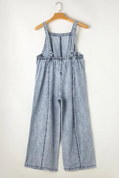 Beau Blue Light Wash Frayed Exposed Seam Wide Leg Denim Overall - Chic Meadow Boutique 