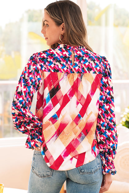 Rose Red Abstract Geometric Pattern Patchwork Puff Sleeve Blouse