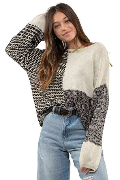 Black Neutral Colorblock Tie Back Sweater - Chic Meadow Boutique 