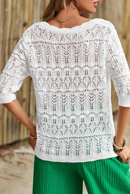 White Frenchy Hollow Out Knitted V Neck Cardigan - Chic Meadow Boutique 