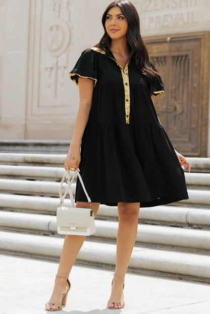 Black Sequin Trim Bubble Sleeve Game Day Shirt Dress - Chic Meadow Boutique 