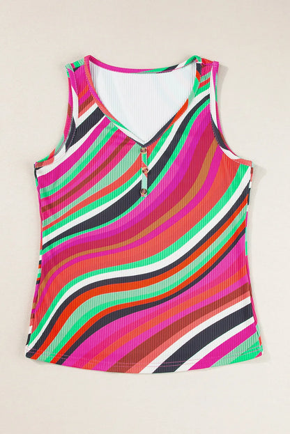 Purple Wavy Striped Buttoned V Neck Tank Top - Chic Meadow Boutique 