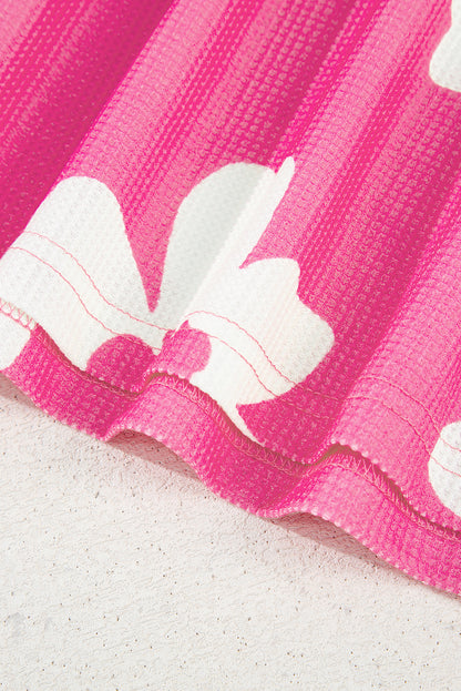 Pink Floral Textured Ruffled Short Sleeve Square Neck Blouse