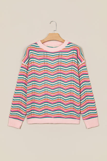 Multicolour Casual Chevron Striped Drop Shoulder Sweater