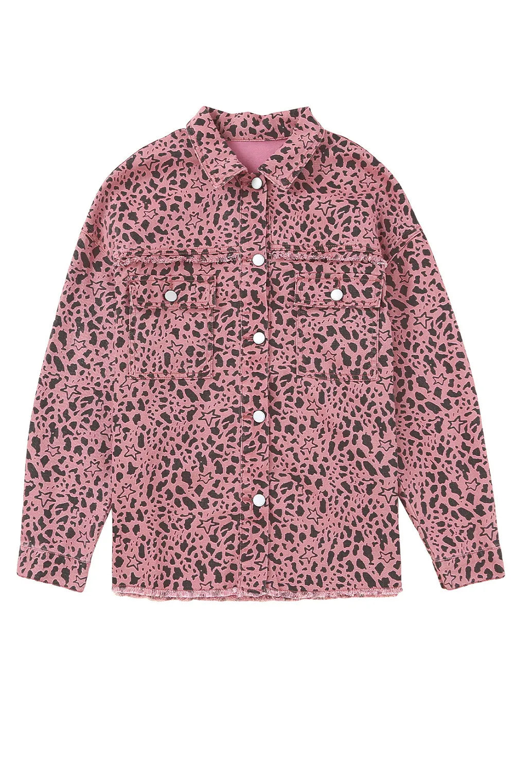 Pink Stars & Animal Spots Print Button Up Denim Shacket - Chic Meadow Boutique 