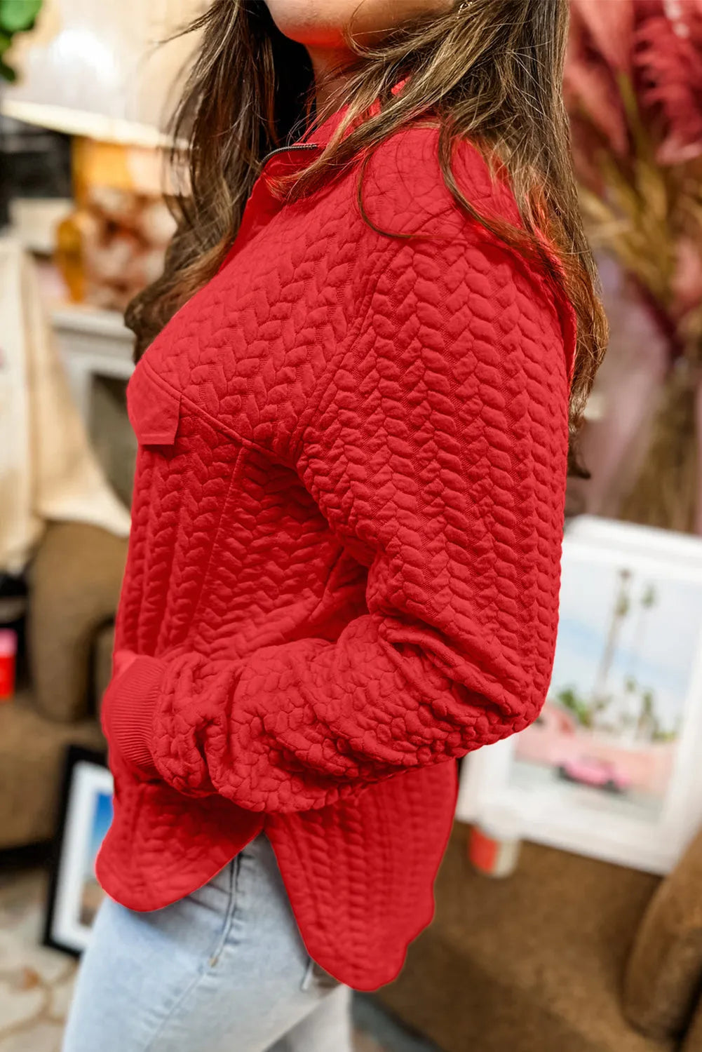 Tomato Red Cable Textured Quarter Zip Pocketed Plus Size Pullover - Chic Meadow Boutique 