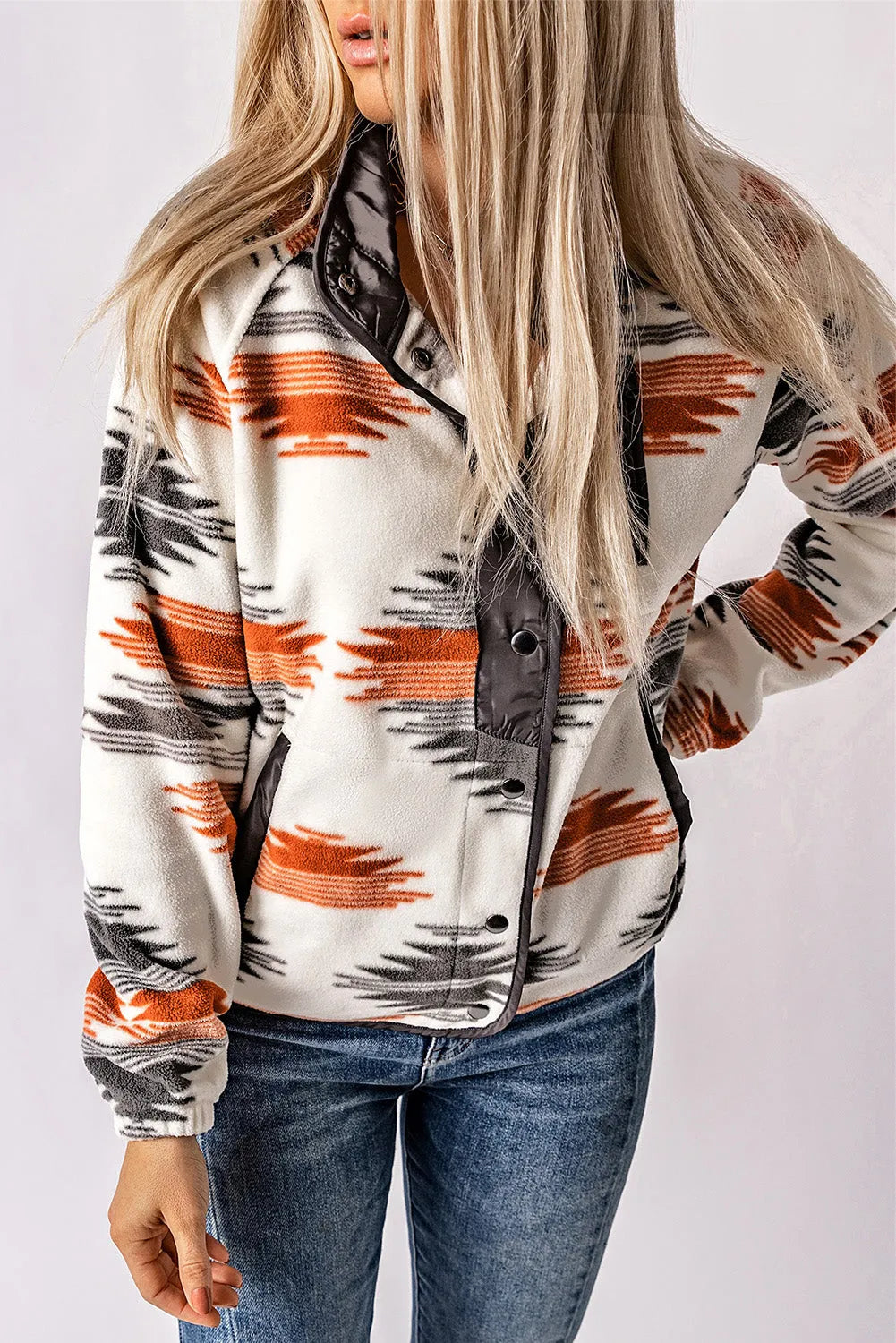 Gray Western Aztec Snap Buttoned Fleece Jacket - Chic Meadow Boutique 