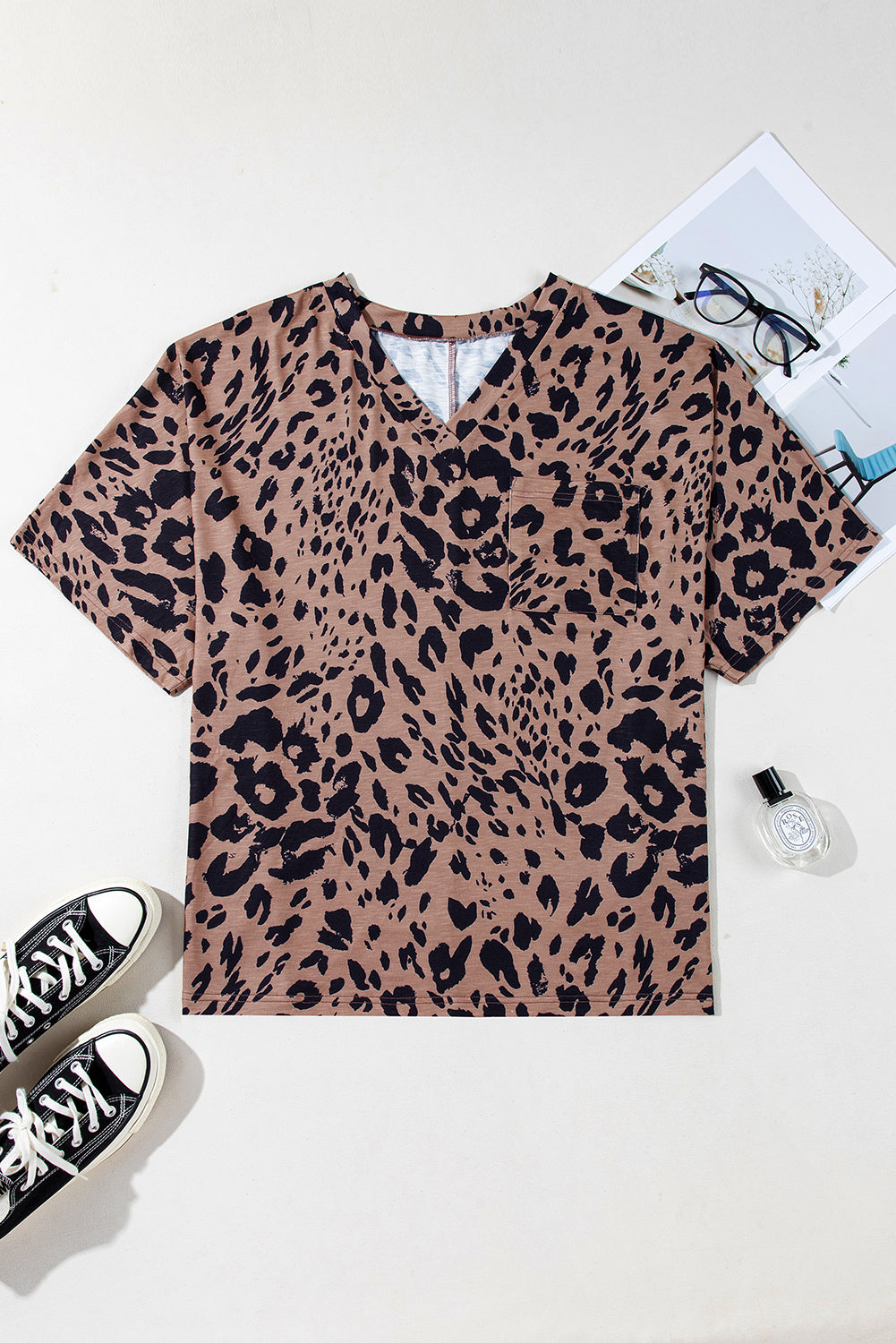 Brown Leopard Print V Neck Half Sleeve Oversized Tee