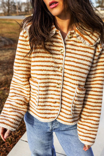 Brown Stripe Striped Fleece Button Front Long Sleeve Regular Fit Jacket