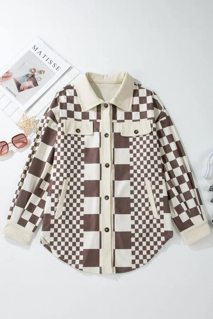 Brown Checkered Print Patchwork Corduroy Shacket - Chic Meadow Boutique 