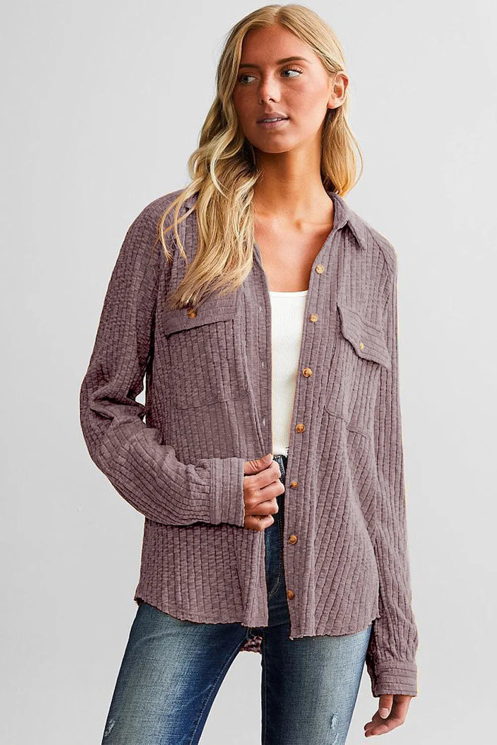 Purple Button Flap Pocket Ribbed Knit Shacket - Chic Meadow Boutique 