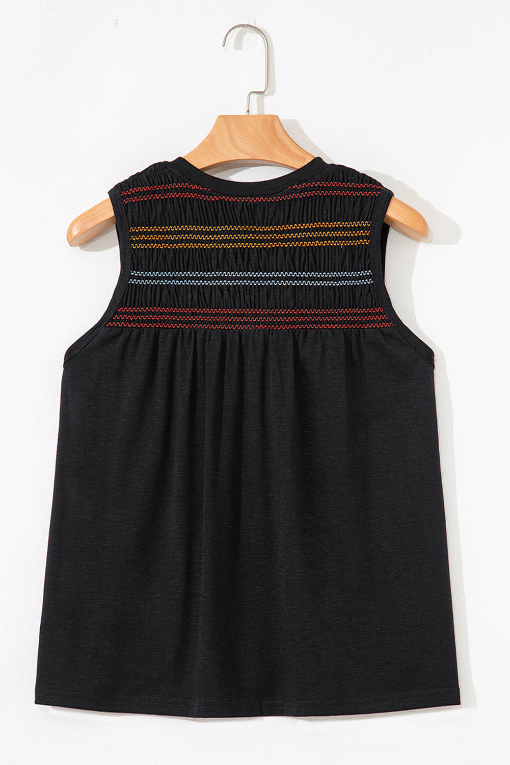 Black Colorful Shirred Yoke Notched V Neck Tank Top