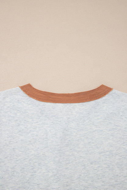 Light Grey Raw Seam Color Block Detail Buttoned Henley Tee