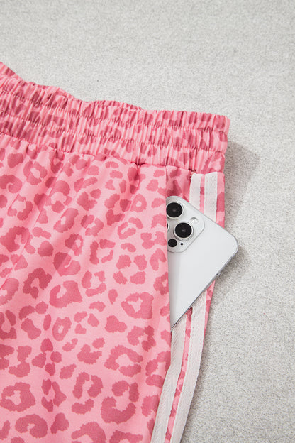 Pink Leopard Print Varsity Striped Detail 3/4 Sleeve Top Shift Pant Set