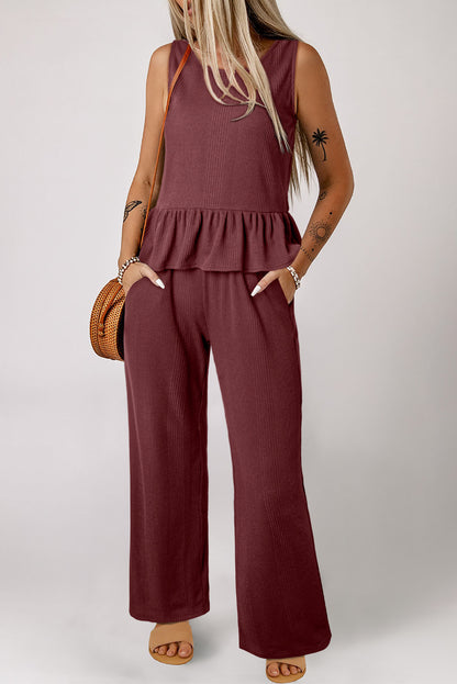 Red Dahlia Solid Color Ribbed Ruffle Tank Top and Pants Set