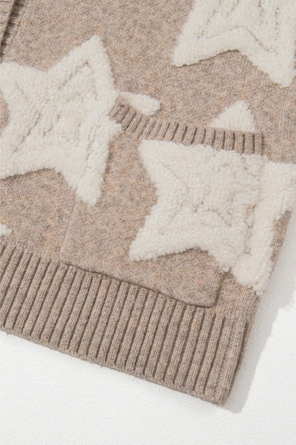 Khaki Sherpa Star Pattern Textured Sweater Cardigan with Pockets - Chic Meadow Boutique 