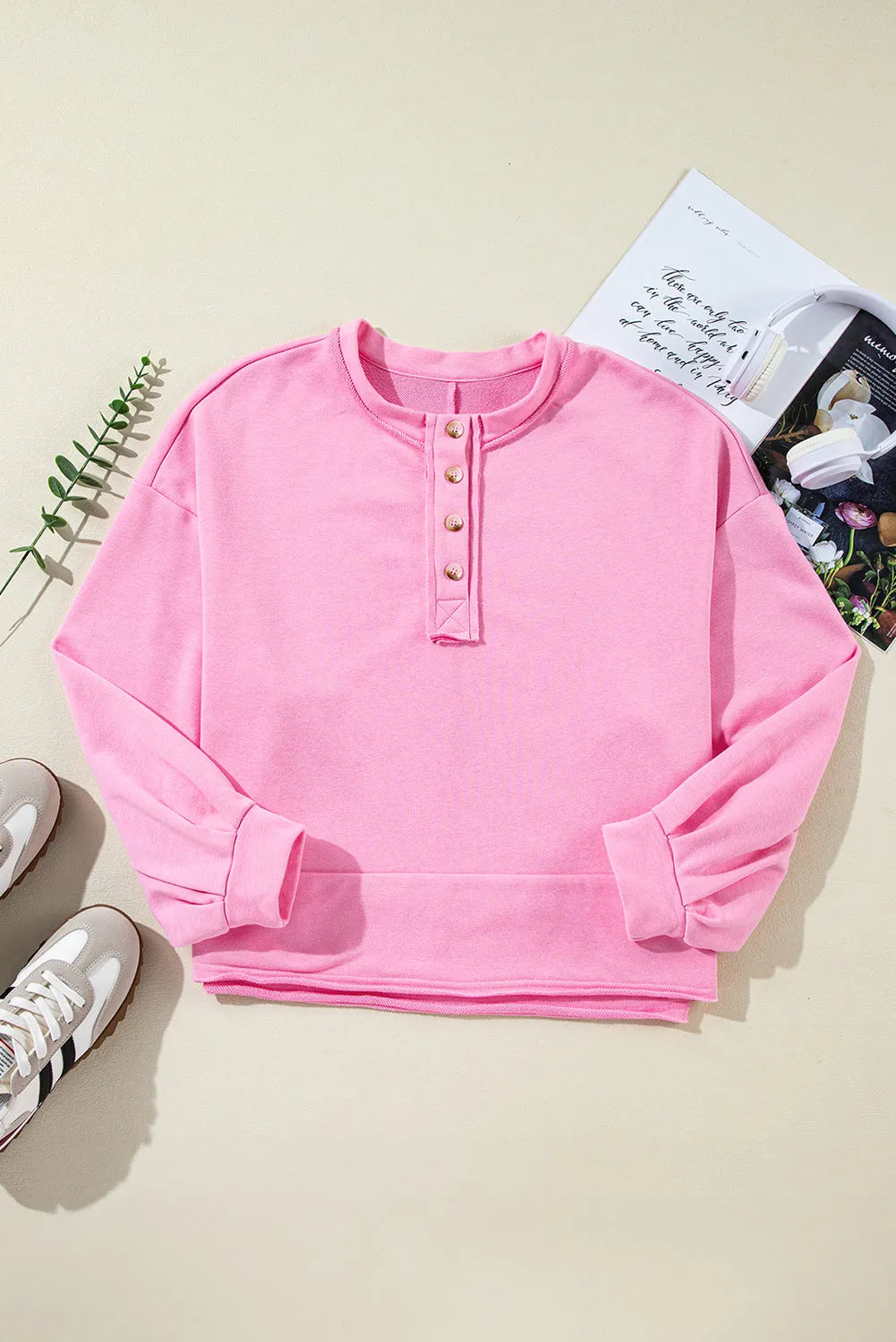 Sachet Pink Solid Color Buttoned Neckline Loose Sweatshirt - Chic Meadow Boutique 