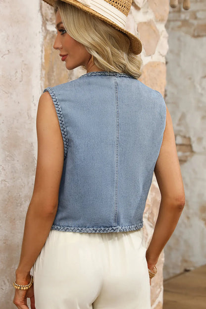 Ashleigh Blue Braided Trim Pocketed Denim Vest - Chic Meadow Boutique 