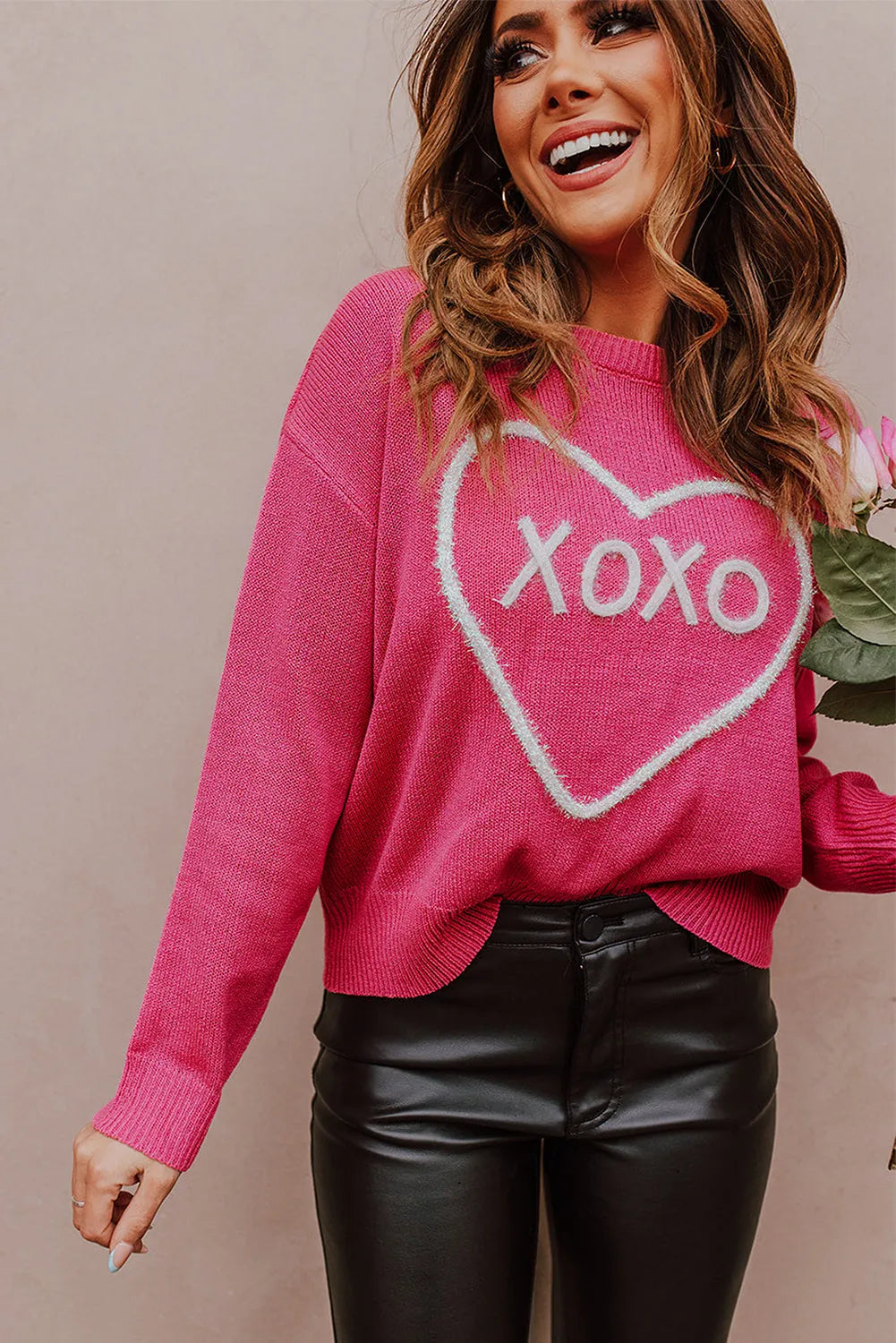 Rose Heart XOXO Pattern Drop Shoulder Rib Knit Sweater - Chic Meadow Boutique 