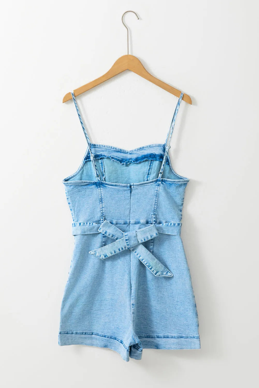 Beau Blue Spaghetti Straps Belted Denim Romper - Chic Meadow Boutique 