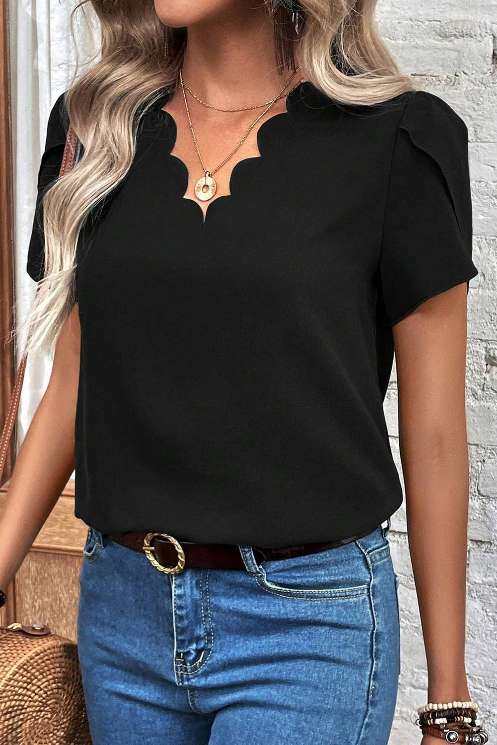 Black Scalloped V Neckline Petal Sleeve Top - Chic Meadow Boutique 