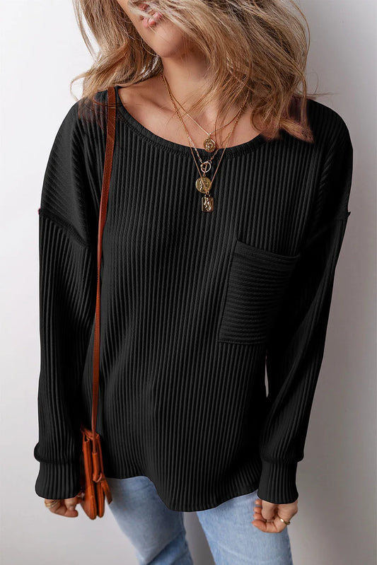 Black Solid Color Corded Drop Shoulder Long Sleeve Top - Chic Meadow Boutique 