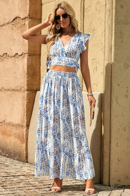 White Floral Ruffled Crop Top and Maxi Skirt Set - Chic Meadow Boutique 