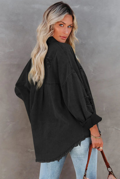 Black Distressed Fringe Trim Denim Jacket - Chic Meadow Boutique 